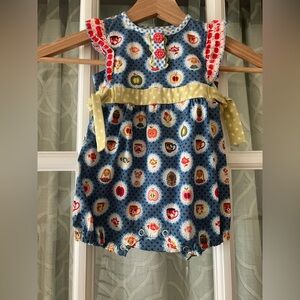 Matilda Jane Blue Polka Dot Baby Romper, Fruit Medallion Print, Yellow Accents